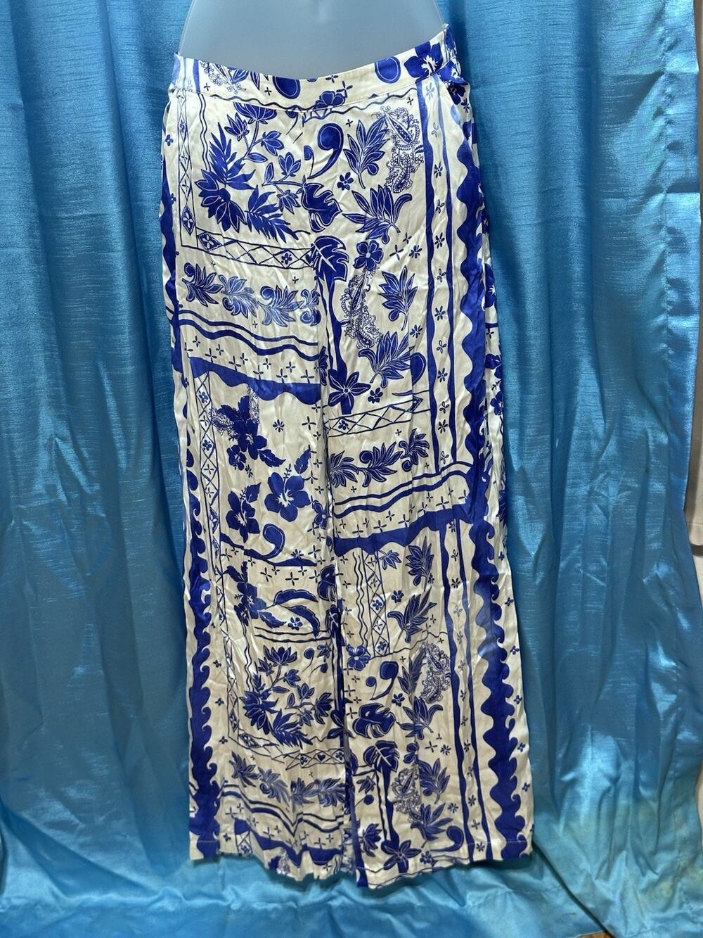 JOIE 100% SILK Wide Leg White Elastic Waist Blue Floral Pants Pockets Size M